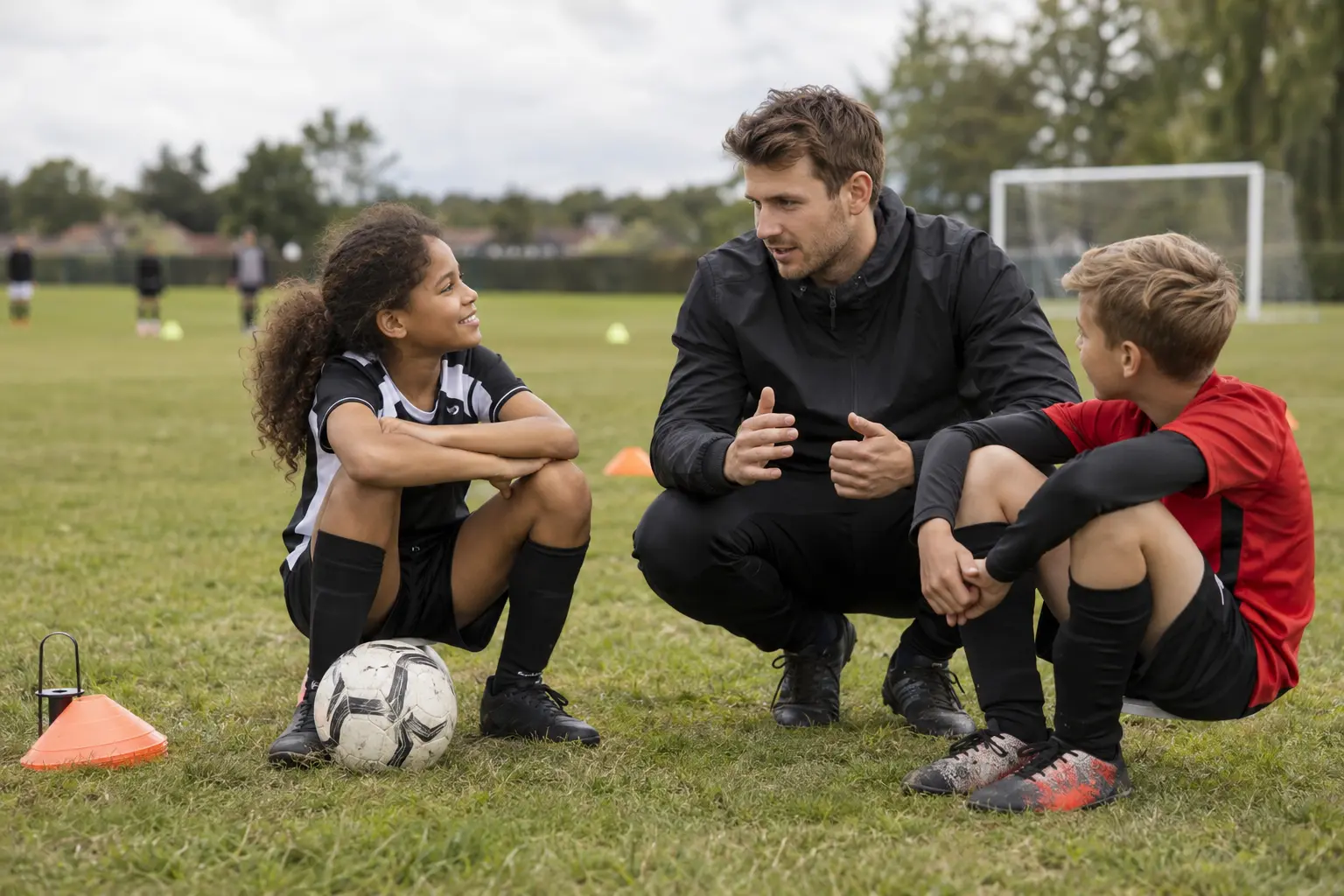 Football coach encouraging two young players during a training session