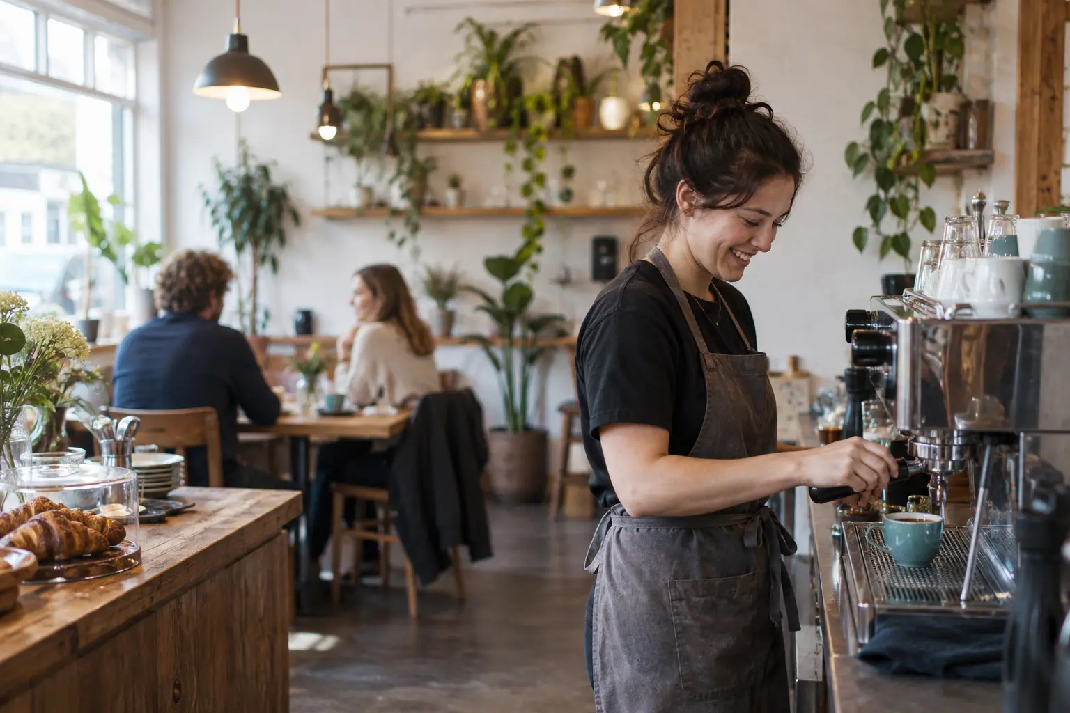 Barista preparing coffee in a welcoming independent café